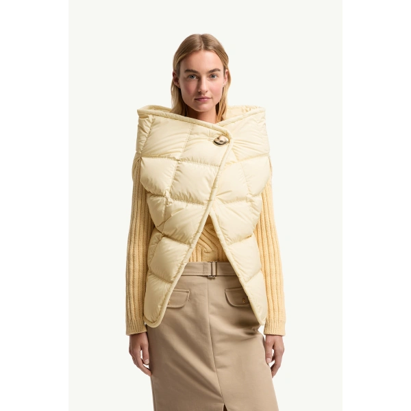 Moncler Asymmetrical Down Cape in White Ivory, view 4 | Women's Cape Coats | Coveti