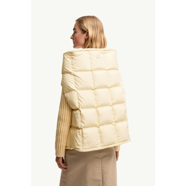 Moncler Asymmetrical Down Cape in White Ivory, view 5 | Women's Cape Coats | Coveti