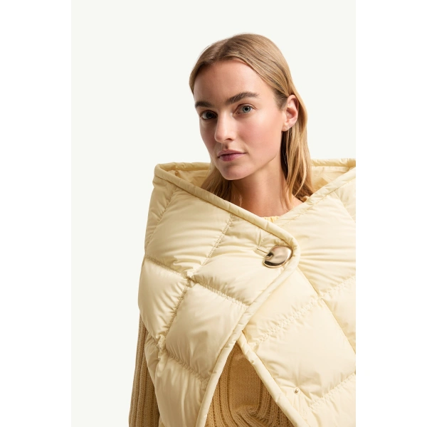 Moncler Asymmetrical Down Cape in White Ivory, view 6 | Women's Cape Coats | Coveti