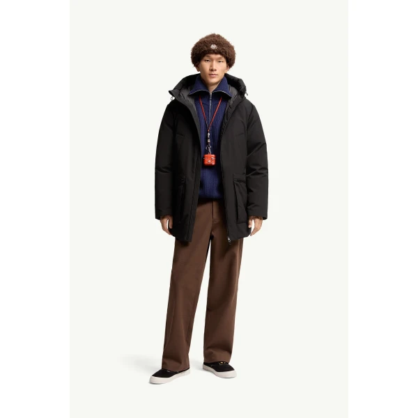 Moncler Aurino Hooded Mid-Length Parka in Black, view 2 | Men's Coats | Coveti