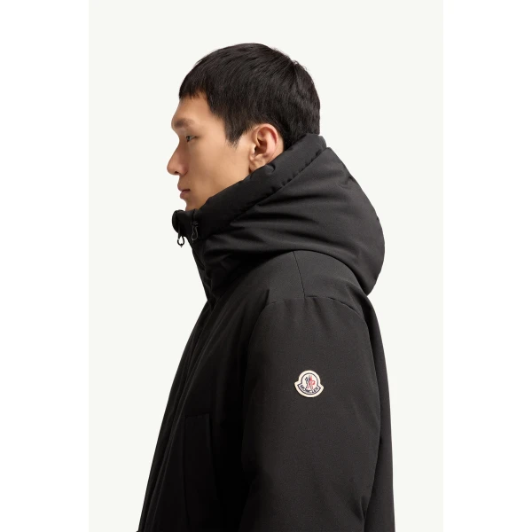 Moncler Aurino Hooded Mid-Length Parka in Black, view 3 | Men's Coats | Coveti