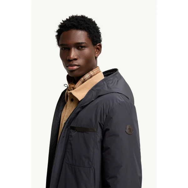 Moncler Austerin Hooded Short Down Jacket in Navy Blue, view 3 | Men's Jackets | Coveti