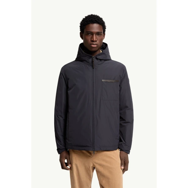 Moncler Austerin Hooded Short Down Jacket in Navy Blue, view 4 | Men's Jackets | Coveti