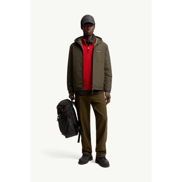 Moncler Austerin Hooded Short Down Jacket in Olive Green, view 2 | Men's Jackets | Coveti