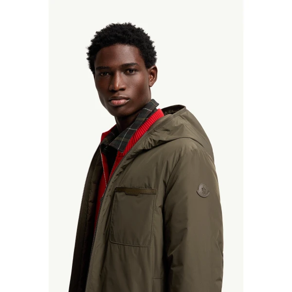 Moncler Austerin Hooded Short Down Jacket in Olive Green, view 3 | Men's Jackets | Coveti