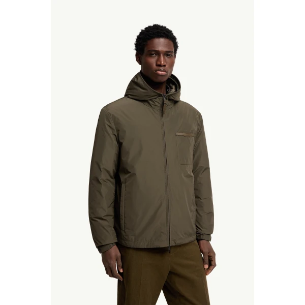 Moncler Austerin Hooded Short Down Jacket in Olive Green, view 4 | Men's Jackets | Coveti