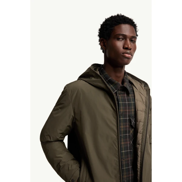 Moncler Austerin Hooded Short Down Jacket in Olive Green, view 6 | Men's Jackets | Coveti