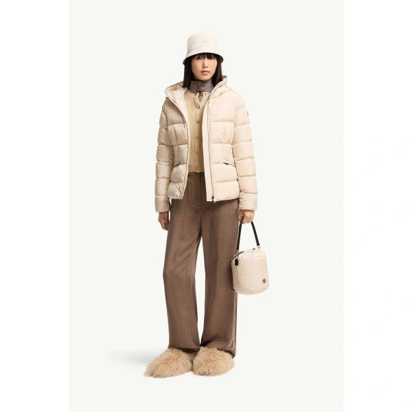 Moncler Avoce Hooded Short Down Jacket in Beige, view 2 | Women's Puffer Jackets | Coveti