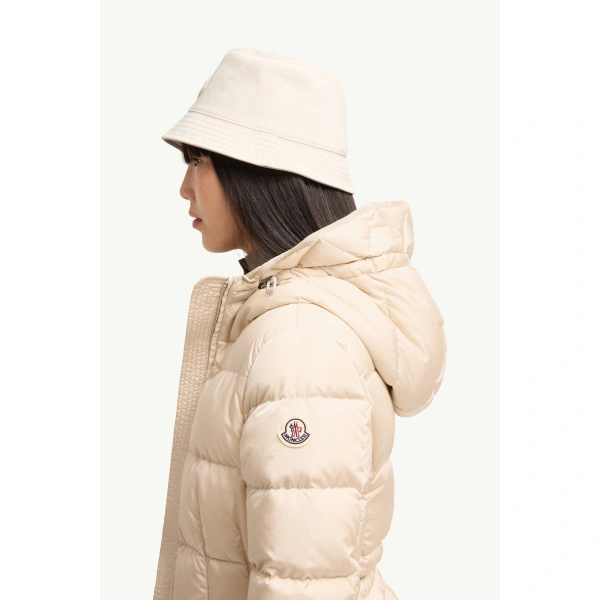 Moncler Avoce Hooded Short Down Jacket in Beige, view 3 | Women's Puffer Jackets | Coveti