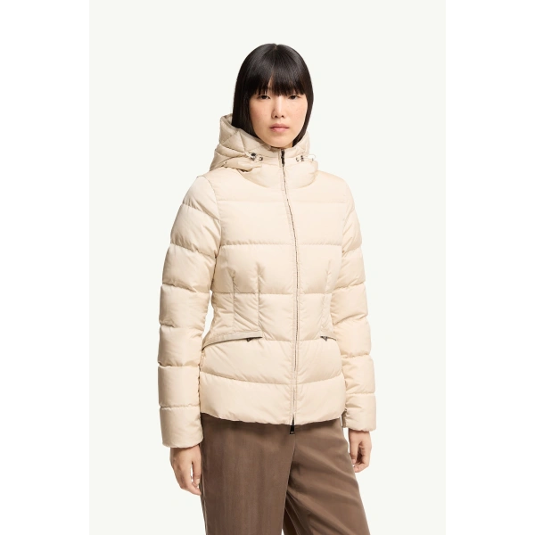 Moncler Avoce Hooded Short Down Jacket in Beige, view 4 | Women's Puffer Jackets | Coveti