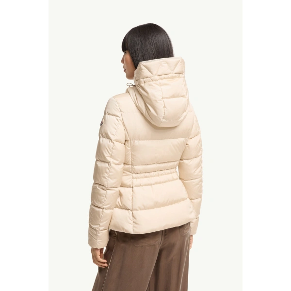 Moncler Avoce Hooded Short Down Jacket in Beige, view 5 | Women's Puffer Jackets | Coveti