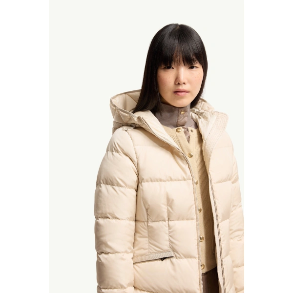 Moncler Avoce Hooded Short Down Jacket in Beige, view 6 | Women's Puffer Jackets | Coveti