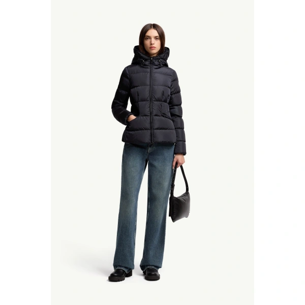 Moncler Avoce Hooded Short Down Jacket in Night Blue, view 2 | Women's Puffer Jackets | Coveti