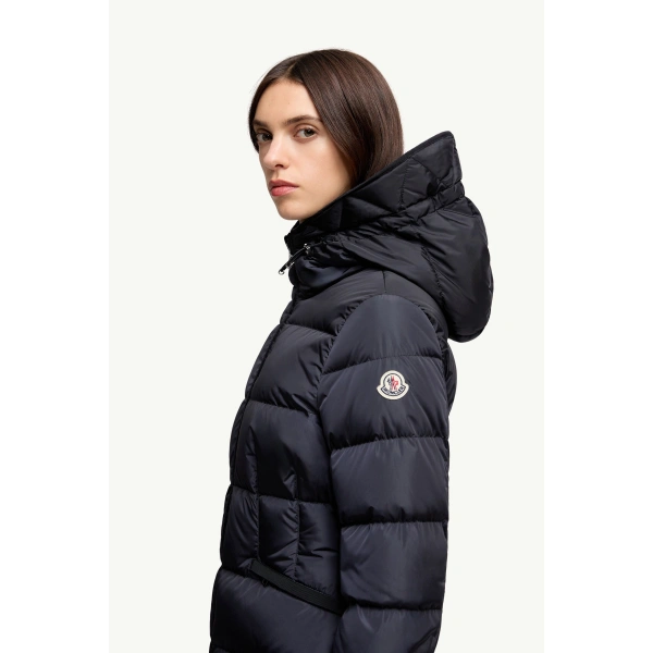 Moncler Avoce Hooded Short Down Jacket in Night Blue, view 3 | Women's Puffer Jackets | Coveti