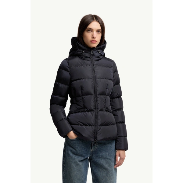 Moncler Avoce Hooded Short Down Jacket in Night Blue, view 4 | Women's Puffer Jackets | Coveti
