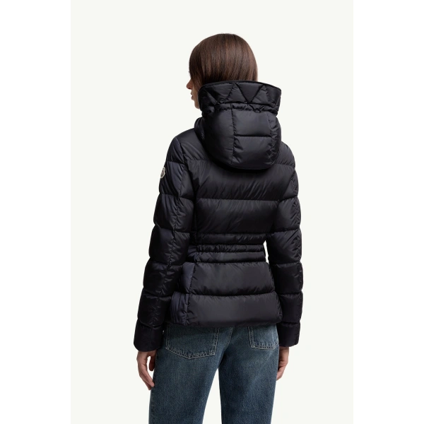 Moncler Avoce Hooded Short Down Jacket in Night Blue, view 5 | Women's Puffer Jackets | Coveti