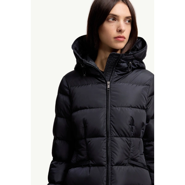 Moncler Avoce Hooded Short Down Jacket in Night Blue, view 6 | Women's Puffer Jackets | Coveti