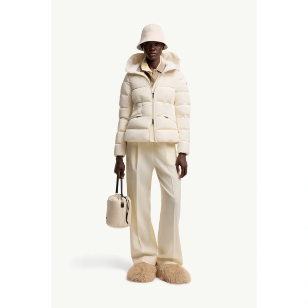 Moncler Avoce Hooded Short Down Jacket in White Ivory, view 2 | Women's Puffer Jackets | Coveti