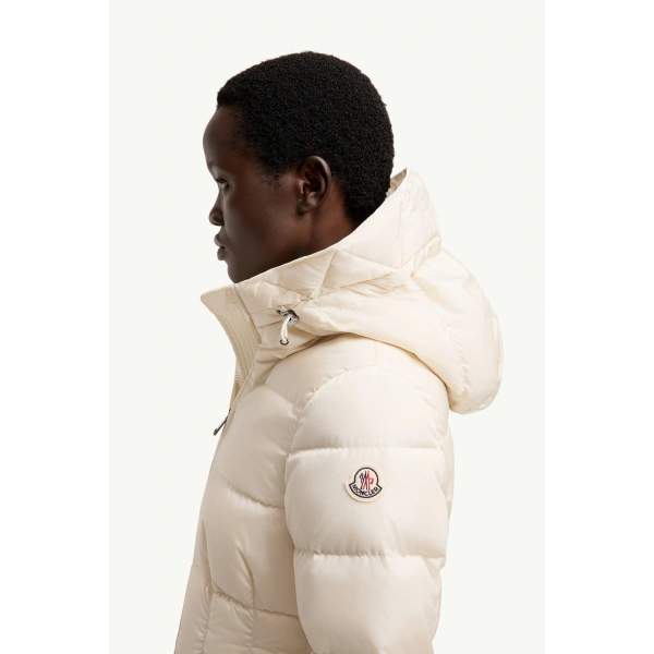 Moncler Avoce Hooded Short Down Jacket in White Ivory, view 3 | Women's Puffer Jackets | Coveti