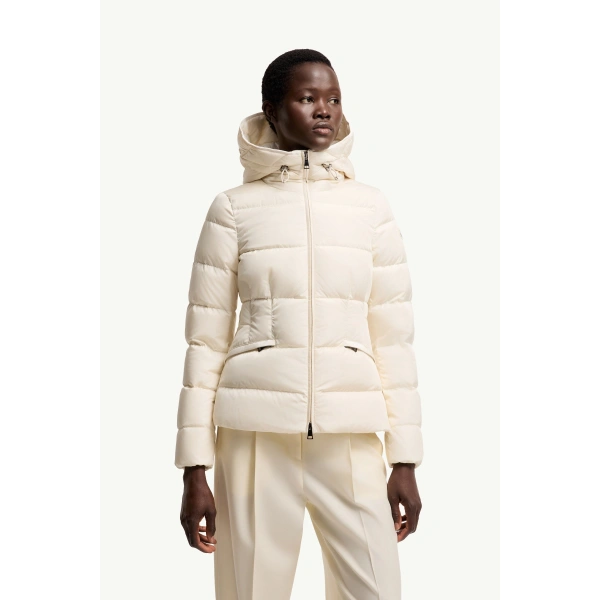 Moncler Avoce Hooded Short Down Jacket in White Ivory, view 4 | Women's Puffer Jackets | Coveti