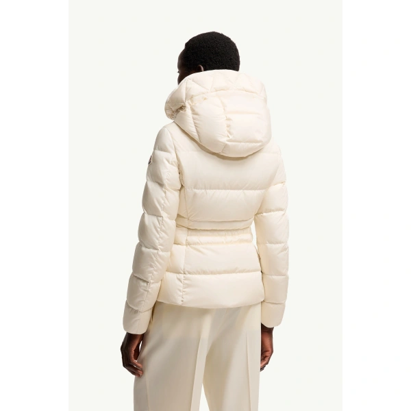 Moncler Avoce Hooded Short Down Jacket in White Ivory, view 5 | Women's Puffer Jackets | Coveti