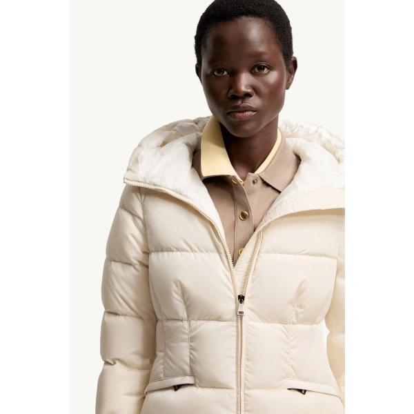 Moncler Avoce Hooded Short Down Jacket in White Ivory, view 6 | Women's Puffer Jackets | Coveti
