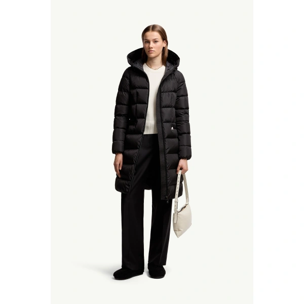 Moncler Avocette Hooded Long Down Jacket in Black, view 2 | Women's Puffer and Down Coats | Coveti