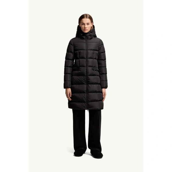 Moncler Avocette Hooded Long Down Jacket in Black, view 4 | Women's Puffer and Down Coats | Coveti