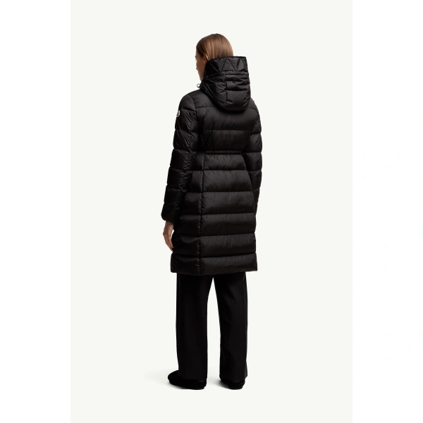 Moncler Avocette Hooded Long Down Jacket in Black, view 5 | Women's Puffer and Down Coats | Coveti