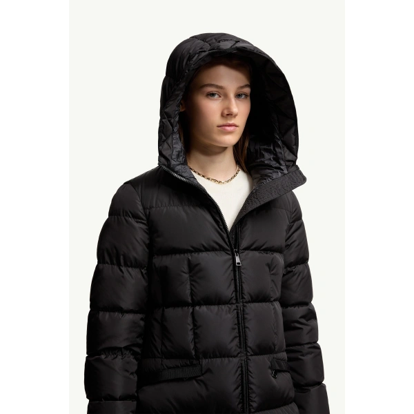 Moncler Avocette Hooded Long Down Jacket in Black, view 6 | Women's Puffer and Down Coats | Coveti