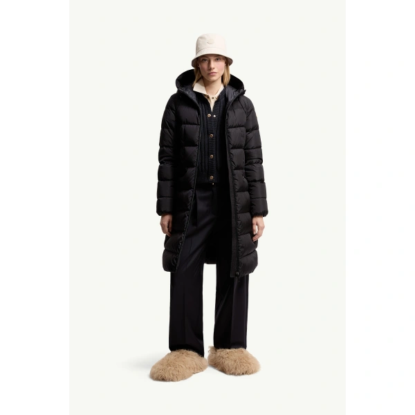 Moncler Avocette Hooded Long Down Jacket in Night Blue, view 2 | Women's Puffer and Down Coats | Coveti