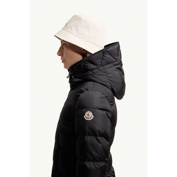 Moncler Avocette Hooded Long Down Jacket in Night Blue, view 3 | Women's Puffer and Down Coats | Coveti