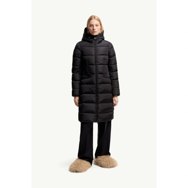 Moncler Avocette Hooded Long Down Jacket in Night Blue, view 4 | Women's Puffer and Down Coats | Coveti
