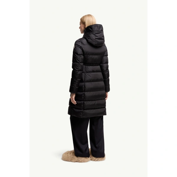 Moncler Avocette Hooded Long Down Jacket in Night Blue, view 5 | Women's Puffer and Down Coats | Coveti