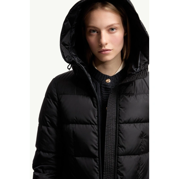 Moncler Avocette Hooded Long Down Jacket in Night Blue, view 6 | Women's Puffer and Down Coats | Coveti