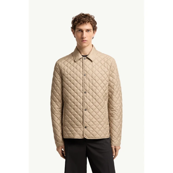 Moncler Avrelie Diamond Quilted Padded Shirt Jacket in Beige, view 4 | Men's Jackets | Coveti