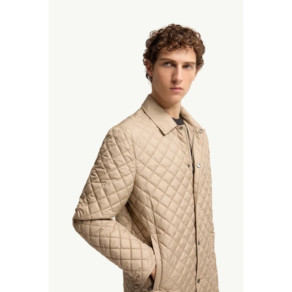 Moncler Avrelie Diamond Quilted Padded Shirt Jacket in Beige, view 6 | Men's Jackets | Coveti