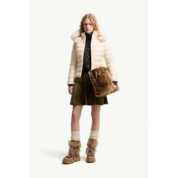 Moncler Badyeffe Hooded Short Down Jacket in White Ivory, view 2 | Women's Puffer Jackets | Coveti