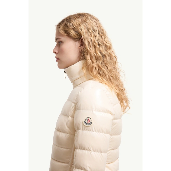 Moncler Badyeffe Hooded Short Down Jacket in White Ivory, view 3 | Women's Puffer Jackets | Coveti