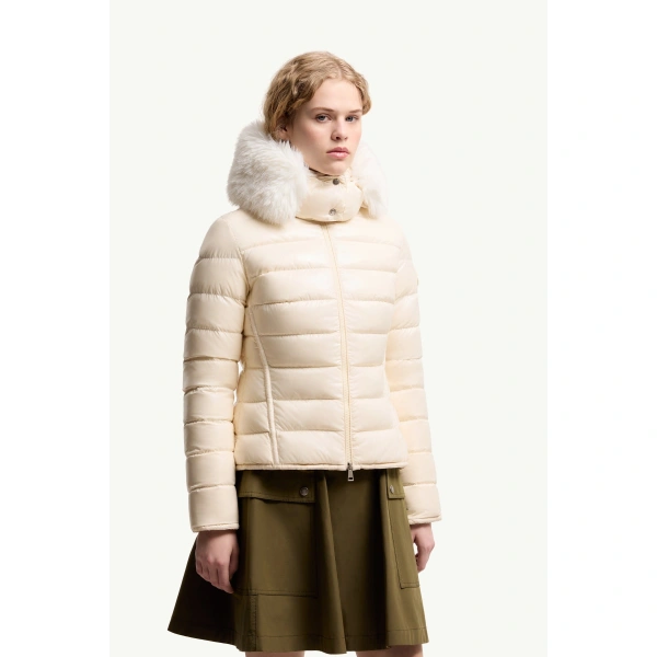 Moncler Badyeffe Hooded Short Down Jacket in White Ivory, view 4 | Women's Puffer Jackets | Coveti