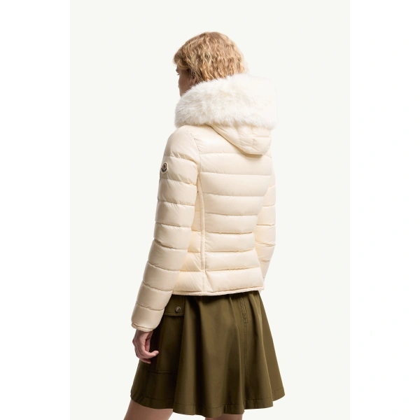 Moncler Badyeffe Hooded Short Down Jacket in White Ivory, view 5 | Women's Puffer Jackets | Coveti