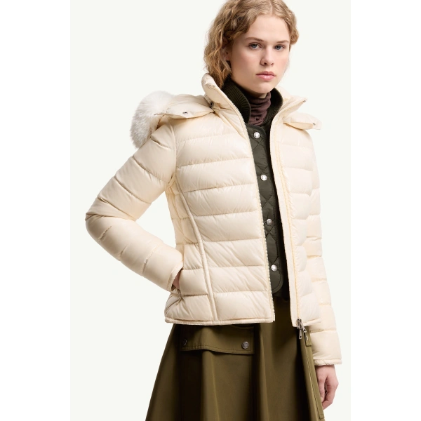 Moncler Badyeffe Hooded Short Down Jacket in White Ivory, view 6 | Women's Puffer Jackets | Coveti