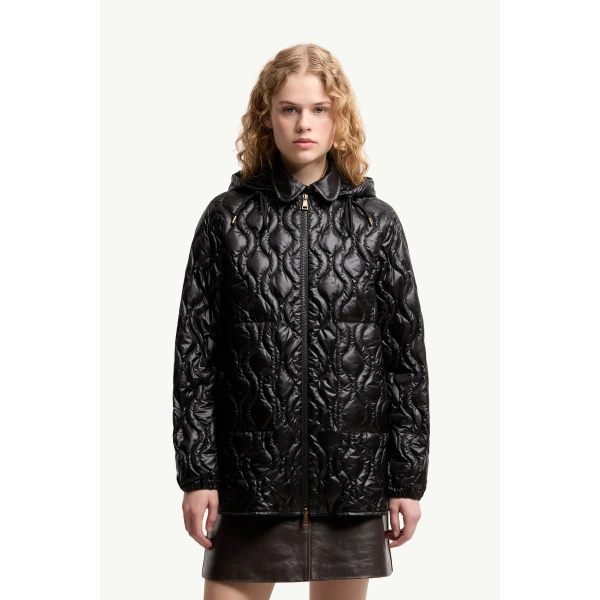 Moncler Balette Geometric Quilted Short Down Jacket in Black, view 4 | Women's Puffer Jackets | Coveti