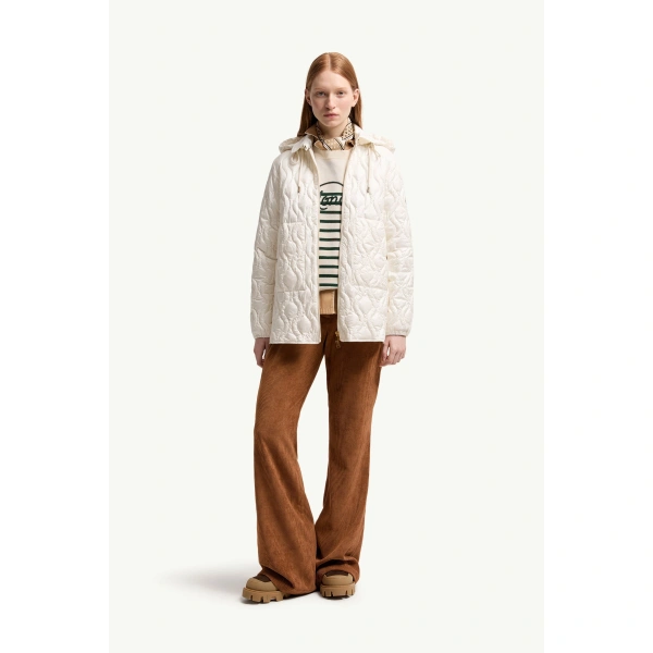Moncler Balette Geometric Quilted Short Down Jacket in White, view 2 | Women's Puffer Jackets | Coveti