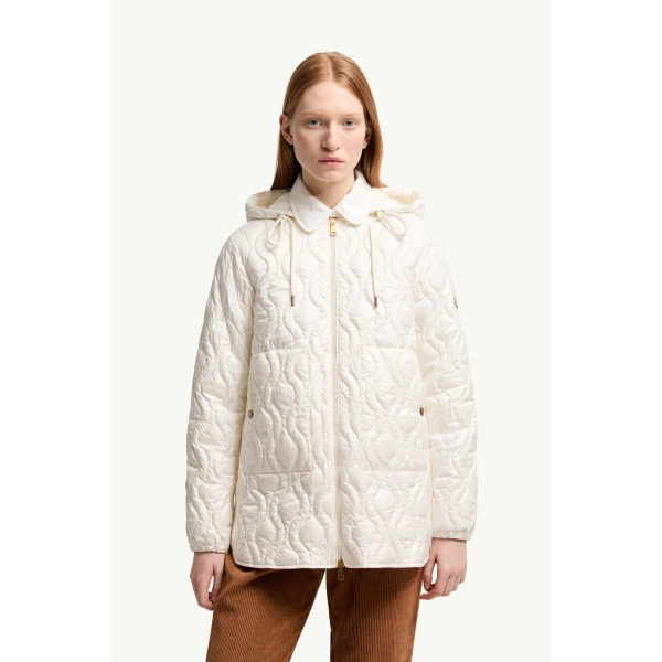 Moncler Balette Geometric Quilted Short Down Jacket in White, view 4 | Women's Puffer Jackets | Coveti