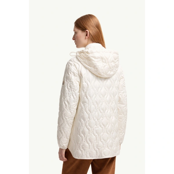 Moncler Balette Geometric Quilted Short Down Jacket in White, view 5 | Women's Puffer Jackets | Coveti