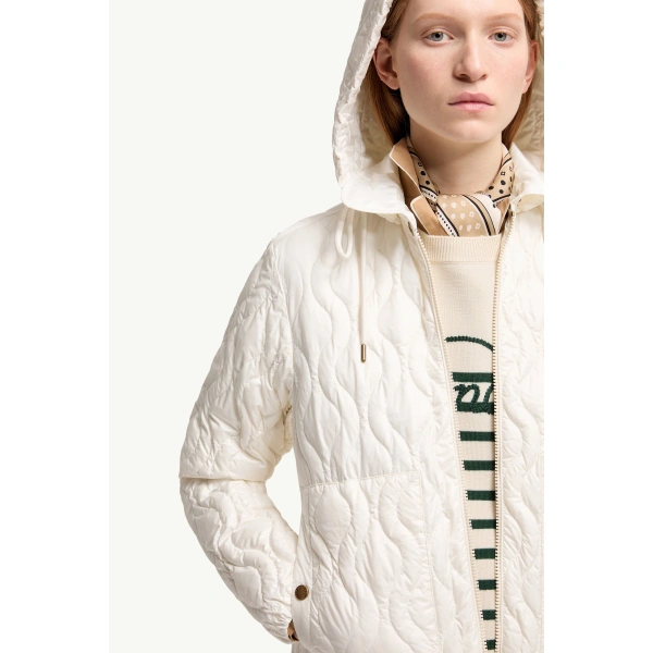 Moncler Balette Geometric Quilted Short Down Jacket in White, view 6 | Women's Puffer Jackets | Coveti