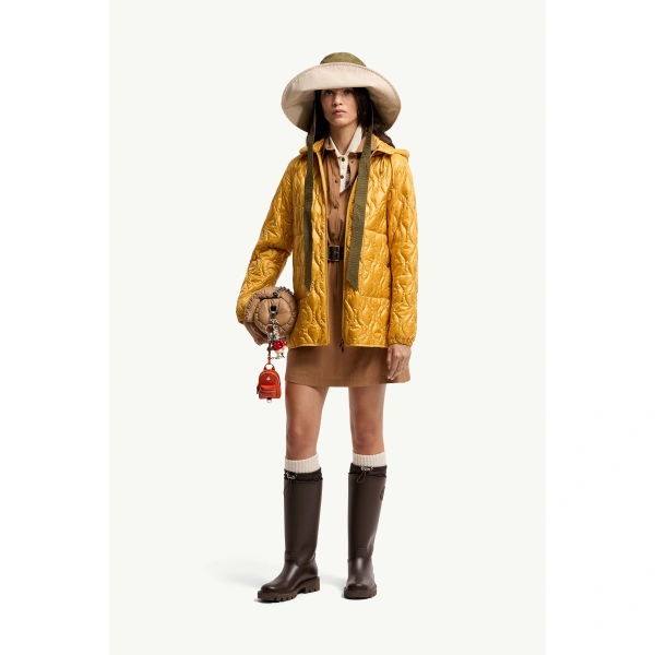 Moncler Balette Geometric Quilted Short Down Jacket in Yellow, view 2 | Women's Puffer Jackets | Coveti