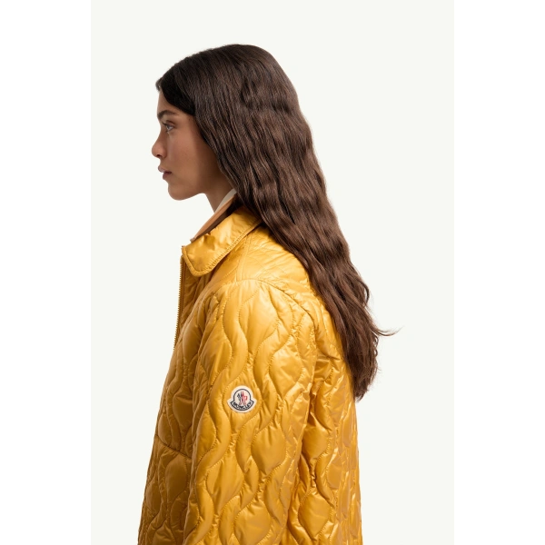 Moncler Balette Geometric Quilted Short Down Jacket in Yellow, view 3 | Women's Puffer Jackets | Coveti