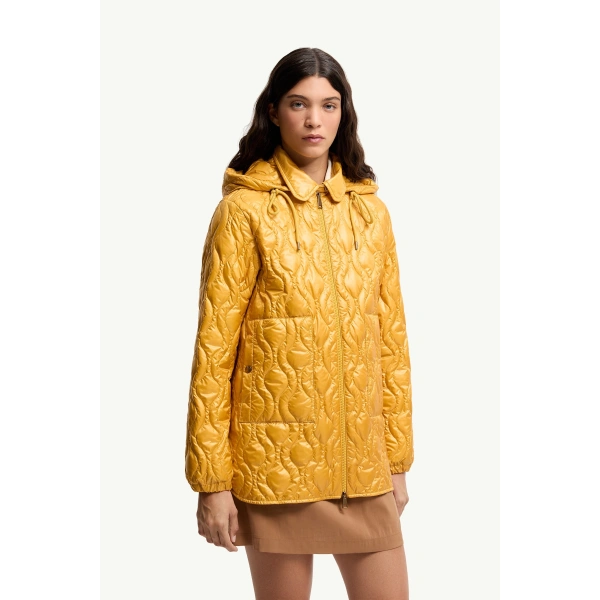 Moncler Balette Geometric Quilted Short Down Jacket in Yellow, view 4 | Women's Puffer Jackets | Coveti